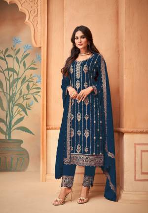 Blue Faux Georgette pant type suit Style Salwar kameez The Lace,Embroidery Work with shantoon Inner with sleeves Heavy Faux Georgette with Embroidery Work Personifies The Entire Appearance. Comes with Matching Pant with embroidery work And Dupatta.