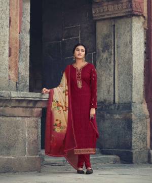 MaroonColor Faux Georgette Embroidery Work and hand made Stone Work On Semi Stitched Kurta,Pure dull Santoon Churidar Bottom Material, with Patola type Digital Printed Chiffon Dupatta with Four Side Lace a New Ethnic Look Wearing This Gorgeous Straight Salwar Suit.