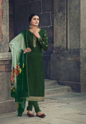 Green Color Faux Georgette Embroidery Work and hand made Stone Work On Semi Stitched Kurta,Pure dull Santoon Churidar Bottom Material, with Patola type Digital Printed Chiffon Dupatta with Four Side Lace a New Ethnic Look Wearing This Gorgeous Straight Salwar Suit.