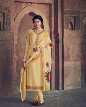 Yellow Color Faux Georgette Embroidery Work and hand made Stone Work On Semi Stitched Kurta,Pure dull Santoon Churidar Bottom Material, with Patola type Digital Printed Chiffon Dupatta with Four Side Lace a New Ethnic Look Wearing This Gorgeous Straight Salwar Suit.