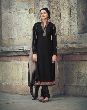 Black Color Faux Georgette Embroidery Work and hand made Stone Work On Semi Stitched Kurta,Pure dull Santoon Churidar Bottom Material, with Patola type Digital Printed Chiffon Dupatta with Four Side Lace a New Ethnic Look Wearing This Gorgeous Straight Salwar Suit.