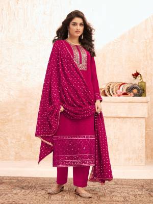 Dark Pink Faux georgette Embroidered Suit, Shantoon Pent with Faux Georgette Embroidery Work 4 Side Lace dupatta Get This Beautiful Self Design Patterns Gives Great Looks To This Latest Collection.This Collection is Suitable For Daily Wear, Office Wear And Also Use for Any Occasion.The Beauty Of This Ethnic Wear Collection. We Use High-Qulity Material To Make This Garments.