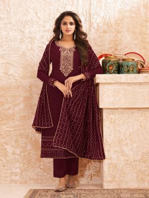 Maroon Faux georgette Embroidered Suit, Shantoon Pent with Faux Georgette Embroidery Work 4 Side Lace dupatta Get This Beautiful Self Design Patterns Gives Great Looks To This Latest Collection.This Collection is Suitable For Daily Wear, Office Wear And Also Use for Any Occasion.The Beauty Of This Ethnic Wear Collection. We Use High-Qulity Material To Make This Garments.