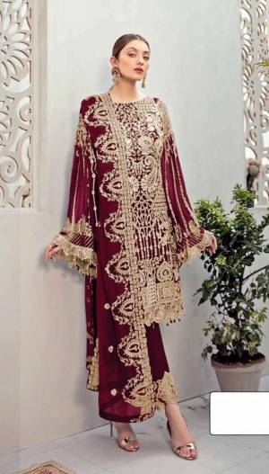 Maroon color Pakistani Suit for All Event Georgette Fabric Material. Top fabric Faux Georgette with attached santoon inner, Bottam Fabric Shantoon And Faux Georgette Dupatta And Heavy Embroidery work for new design Pakistani Suit.