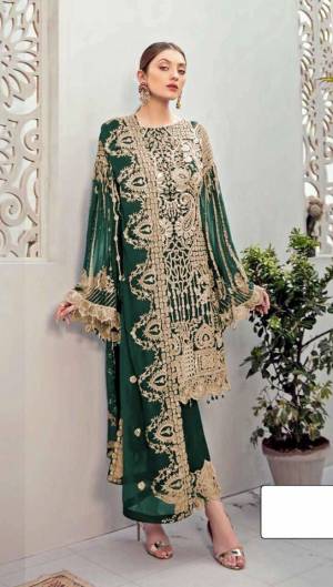 Green color Pakistani Suit for All Event Georgette Fabric Material. Top fabric Faux Georgette with attached santoon inner, Bottam Fabric Shantoon And Faux Georgette Dupatta And Heavy Embroidery work for new design Pakistani Suit.