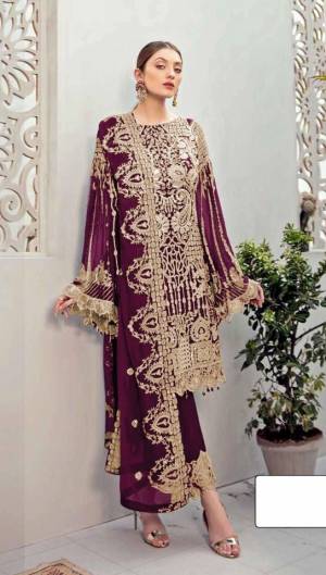 Purple color Pakistani Suit for All Event Georgette Fabric Material. Top fabric Faux Georgette with attached santoon inner, Bottam Fabric Shantoon And Faux Georgette Dupatta And Heavy Embroidery work for new design Pakistani Suit.