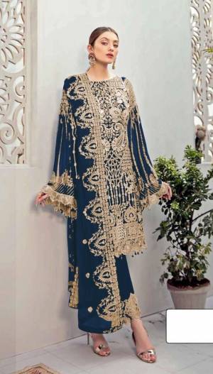 Nevy Blue color Pakistani Suit for All Event Georgette Fabric Material. Top fabric Faux Georgette with attached santoon inner, Bottam Fabric Shantoon And Faux Georgette Dupatta And Heavy Embroidery work for new design Pakistani Suit.