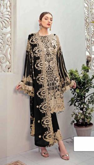 Black color Pakistani Suit for All Event Georgette Fabric Material. Top fabric Faux Georgette with attached santoon inner, Bottam Fabric Shantoon And Faux Georgette Dupatta And Heavy Embroidery work for new design Pakistani Suit.