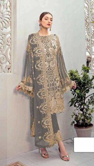 Grey color Pakistani Suit for All Event Georgette Fabric Material. Top fabric Faux Georgette with attached santoon inner, Bottam Fabric Shantoon And Faux Georgette Dupatta And Heavy Embroidery work for new design Pakistani Suit.