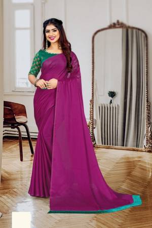 Plain Chiffon Saree Come With Designer Contrast Blouse