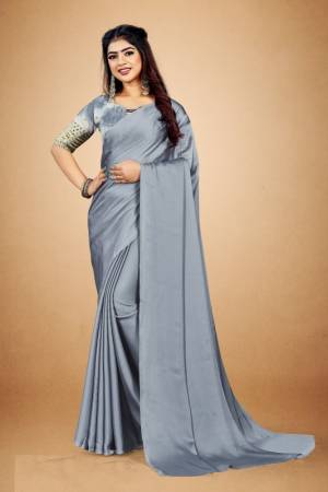 Plain Satin Georgette Saree Come With Designer Contrast Blouse