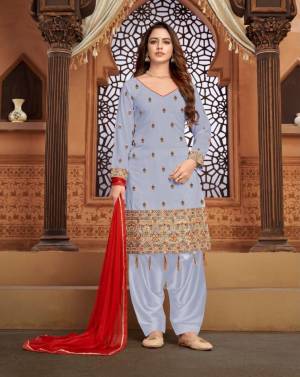 Grey Faux Georgette Patiala Style Salwar Kameez. The Embroidered work, Multi Work Personifies The Entire Appearance. Comes with Matching santoon Patiala in bottom, And Chiffon Dupatta with four side embroidery lace,