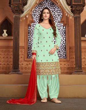 Green Faux Georgette Patiala Style Salwar Kameez. The Embroidered work, Multi Work Personifies The Entire Appearance. Comes with Matching santoon Patiala in bottom, And Chiffon Dupatta with four side embroidery lace,