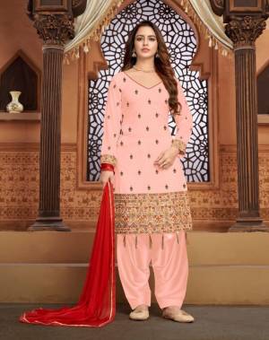 Peach Faux Georgette Patiala Style Salwar Kameez. The Embroidered work, Multi Work Personifies The Entire Appearance. Comes with Matching santoon Patiala in bottom, And Chiffon Dupatta with four side embroidery lace,