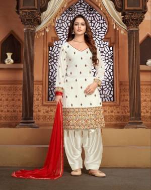 White Faux Georgette Patiala Style Salwar Kameez. The Embroidered work, Multi Work Personifies The Entire Appearance. Comes with Matching santoon Patiala in bottom, And Chiffon Dupatta with four side embroidery lace,