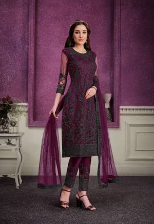 Purple Soft Net Embroidery Work Straight Top With Soft Net Embroidery Work Straight Pant And four Side Lace Dupatta.