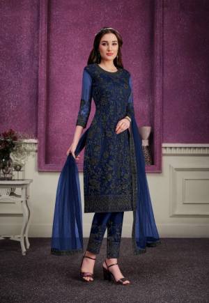 Royal Blue Soft Net Embroidery Work Straight Top With Soft Net Embroidery Work Straight Pant And four Side Lace Dupatta.