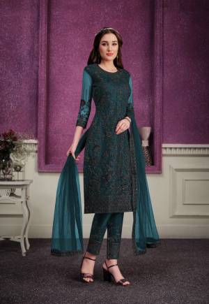 Sea Blue Soft Net Embroidery Work Straight Top With Soft Net Embroidery Work Straight Pant And four Side Lace Dupatta.