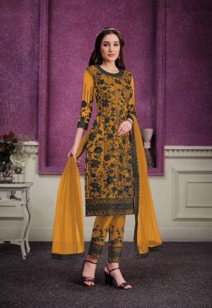 Yellow Soft Net Embroidery Work Straight Top With Soft Net Embroidery Work Straight Pant And four Side Lace Dupatta.