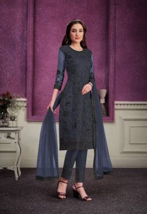 Nevy Blue Soft Net Embroidery Work Straight Top With Soft Net Embroidery Work Straight Pant And four Side Lace Dupatta.