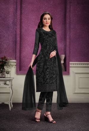 Black Soft Net Embroidery Work Straight Top With Soft Net Embroidery Work Straight Pant And four Side Lace Dupatta.