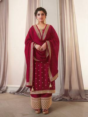 Silk Georgette Embroidery Work Palazzo Suit Set With Dupatta.
