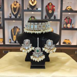 Mirror Chokar Necklace with Earring and Mangtika 