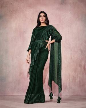 Green Lycra Embroidery Designer Saree With Blouse.
