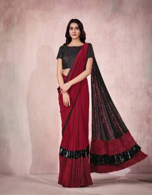 Maroon Lycra Embroidery Designer Saree With Blouse.