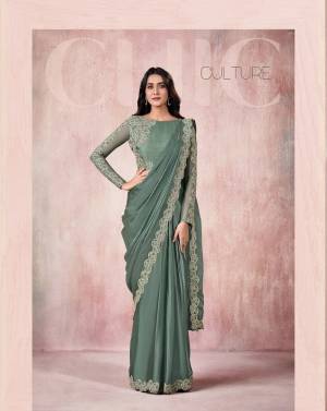 Green Lycra Embroidery Designer Saree With Blouse.