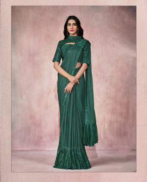 Green Lycra Embroidery Designer Saree With Blouse.