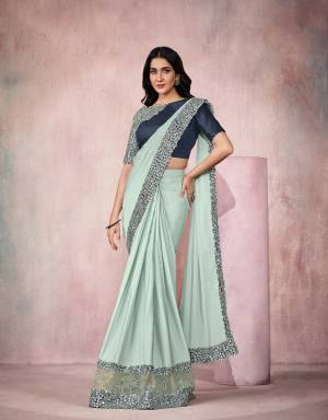 Sky Blue Lycra Embroidery Designer Saree With Blouse.
