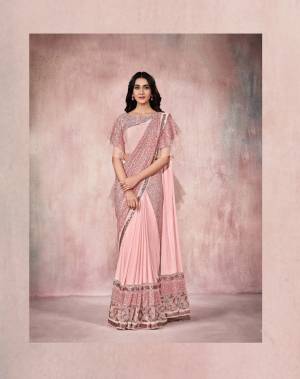 Pink Lycra Embroidery Designer Saree With Blouse.