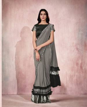 Grey Lycra Embroidery Designer Saree With Blouse.