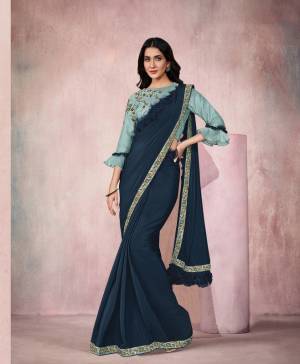 Blue Lycra Embroidery Designer Saree With Blouse.
