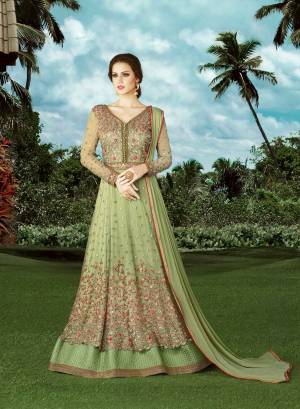 This Pista  Colored dress  Will Surely Offer You Showers Of Compliments And Glances. It Is Fabricated On Net And Is Decorated With Beautiful Embroidery Work. 