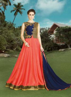 This Lovely Season Special  Suit Will Take Your Breath Away. Its Simple And Nice With Basic Embroidered Designs. You Cant Go Wrong About This Navy Blue & Orange Colored Suit.Grab It Now.