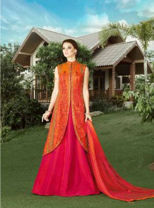 This Lovely  Suit Is Fabricated In Silk And Set In The Orange & Corel Red  Color Scheme. Giving It The Additional Grace Is The Net Dupatta. Add This Dress To Your Wardrobe For Those Cozy Comfortable Homely Events. Buy This Now.