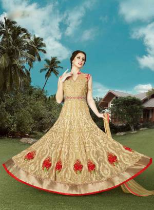 Looking For A Gorgeous Beige Colored  Suit. This Beige Colored Net Suit Is Just What You Need For The Day Events In The Upcoming Festive Season.The Embroidery Is Classic . What More Do You Need. Grab It Now.