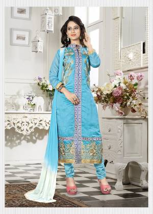 If Those Readymade Suits Do Not Lend You A Desired Fit  Then This Sky Blue Colored Dress Material Will Surely Please You. This Embroidered Dress Material Will Catch Your Fancy At Once. Made From Chanderi Cotton