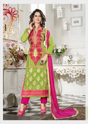 Have Your Wardrobe Resized As We Have For You The Best Of The Season  Lovely Pattern And Authentic Designs. This Chanderi Cotton Suit Has All The Makings Of A Very Delightful Casual Wear Attire With Top Available With A Bottom And Dupatta. This Top Is Green Colored Paired With Pink Colored Bottom And Dupatta.