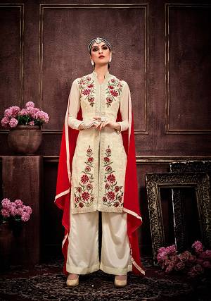 Grab All The Limelight At The Next Party You Visit With This Cream And Red Colored Suit.  Get This Customised According To Your Size And Comfort. Its Skin Soft Georgette Fabric Will Keep You Comfortable Throughout The Gala.