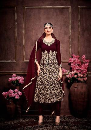 For a Heavy Look And Light In Weight  This Suit Will Be Perfect For You And Goes With Your Personality Perfectly. Its Rich Maroon Color Will Help You To Look More Fair Than Before. This Rich Suit Is Fabricated On Georgette Which Is Soft Towards Skin
