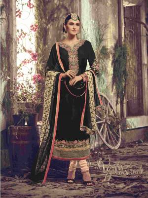Freshen Up Your Wardrobe With This Black Colored Suit Paired With Beige Colored Bottom And Black Colored Dupatta. This Beautiful Suit Is Fabricated On Georgette Beautified With Floral Embroidered Patterns. Buy This Lovely Suit Now.