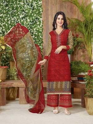 Add Up New Casual Wear Suit To Your Wardrobe With This New Suit Collection. Grab This Red Colored Dress Material And Make It Stich As Per Your Desired Size And Comfort. Make It As Chudidar Or Plazzo.
