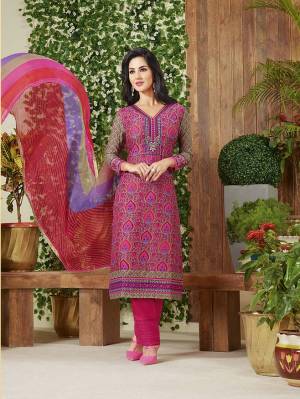 Attract Everyone With This Bright Pink Colored Plazzo Suit. This Dress Material Is Fabricated On Cotton Paired With Chiffon Fabricated Dupatta. Get This Stitch As Per Your Size And Comfort.