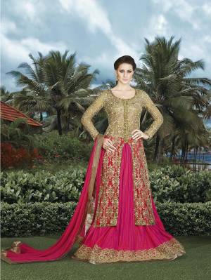 Shine Bright With This Beige Colored Dress Paired with Rani Pink Colored Lehenga And  Dupatta. This Indo-Western Dress Is Beautified With Jari Embroidery And Stone Work All Over. Buy This Dress Now.