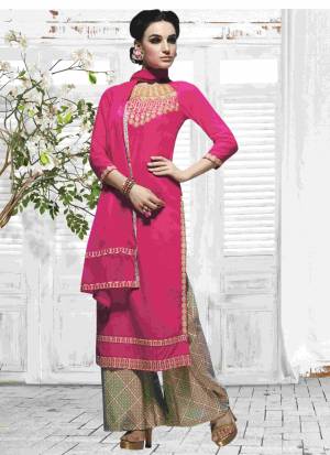 Shine Bright With This Bright Pink Colored Plazzo Suit Paired With Cream Colored Plazzo. This Suit Is Fabricated On Cotton Paired With Chiffon Fabricated Dupatta. Buy This Pretty Suit Now.
