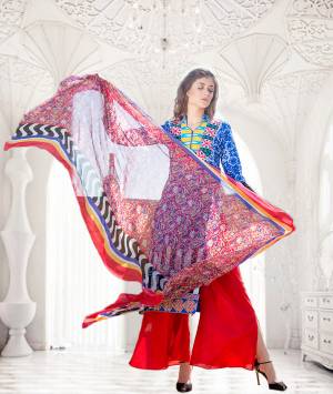 Beat The Heat With This Coton Fabricated Suit in Blue Color Paired With Red Colored Bottom And Multi Colored Dupatta. Its Beautiful Prints And Colors Is Making The Attractive. Grab This Dress Material And Make It Stitch As Per Your Size And Comfort.