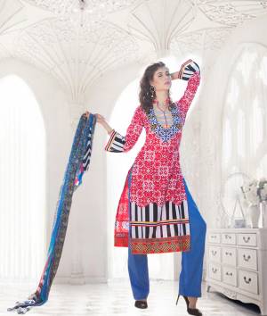 Look Pretty Even In These Hot Summer With This Cool Dress Material In Red Colored Top Paired With Blue Colored Bottom And Multi Colored Dupatta. This Suit Is Fabricated On Cotton Paired With Chiffon Fabricated Dupatta.